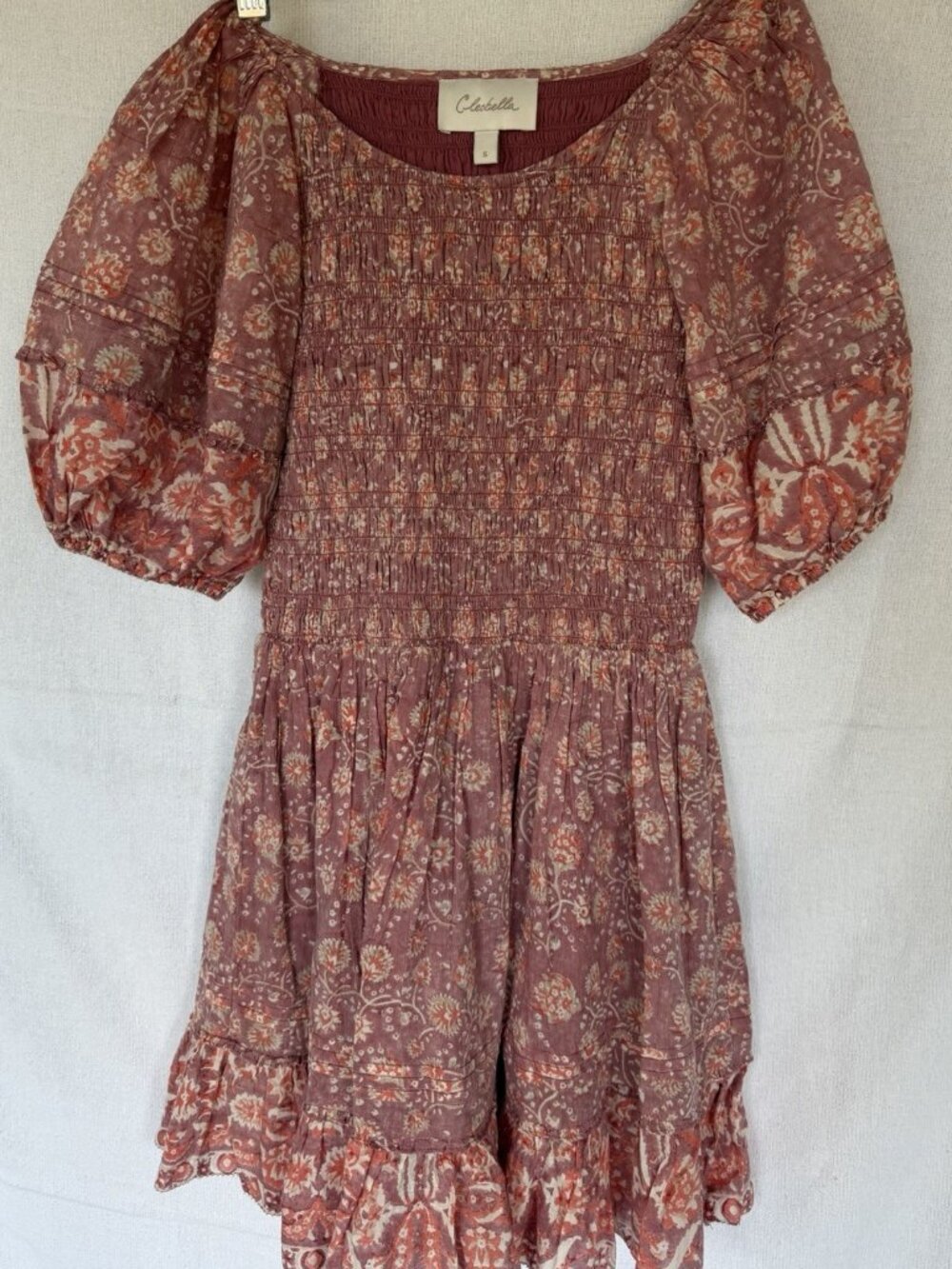 Cleobella Mina Mini Dress Size S Floral Ruffled Smocked Pockets Cottagecore